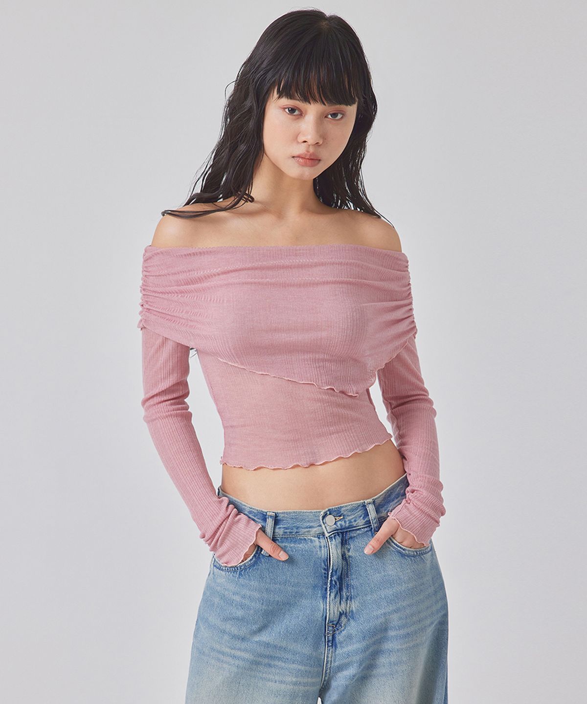 탑걸(TOPGIRL) [텐셀혼방/오프숄더]SEE-THROUGH OFF-SHOULDER TOP_T416TP139