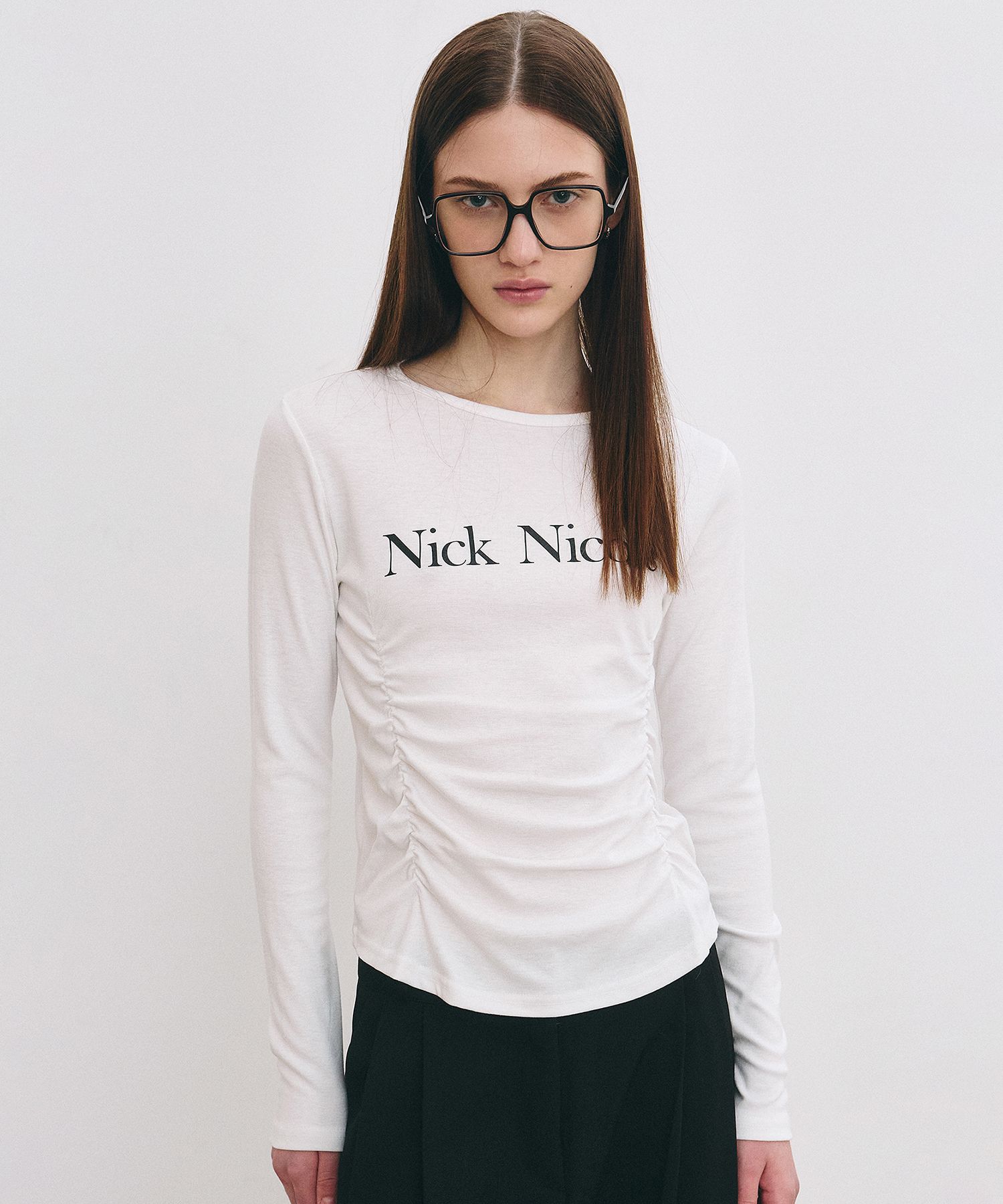 ★2024SS新作★NICK&NICOLE★NICOLE SHIRRING HALF TOP NICOLE SHRRING LAYERED SLEEVE TOP_BLACK - NICK&NICOLE | 60