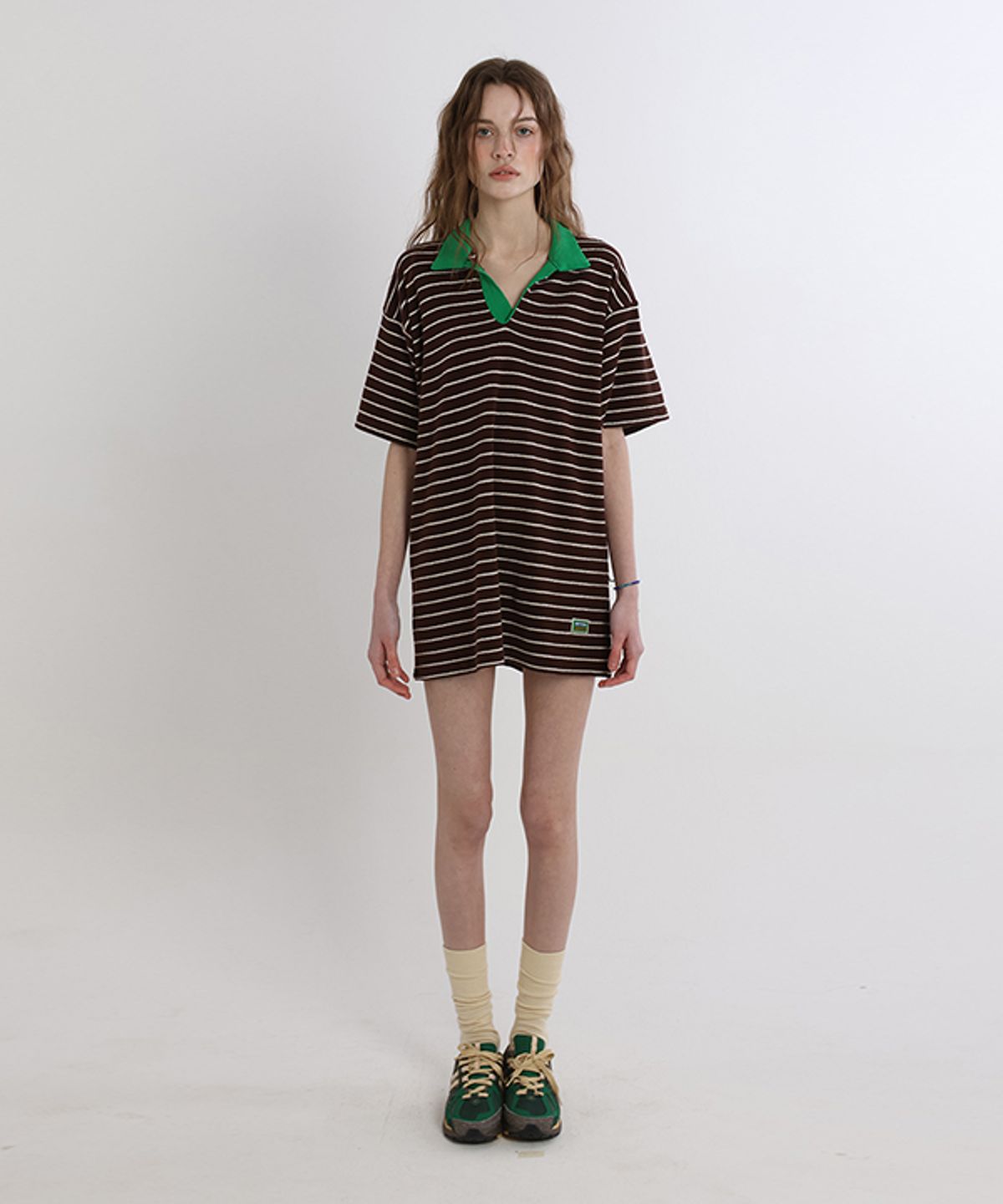 그린버터(GREENBUTTER) Terry Stripe Collar Dress (Brown/Green)