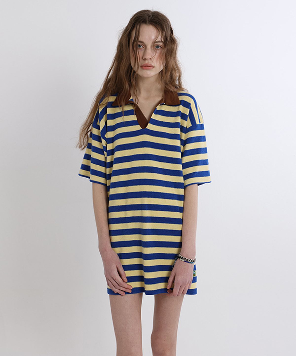 그린버터(GREENBUTTER) Terry Stripe Collar Dress (Blue/Brown)
