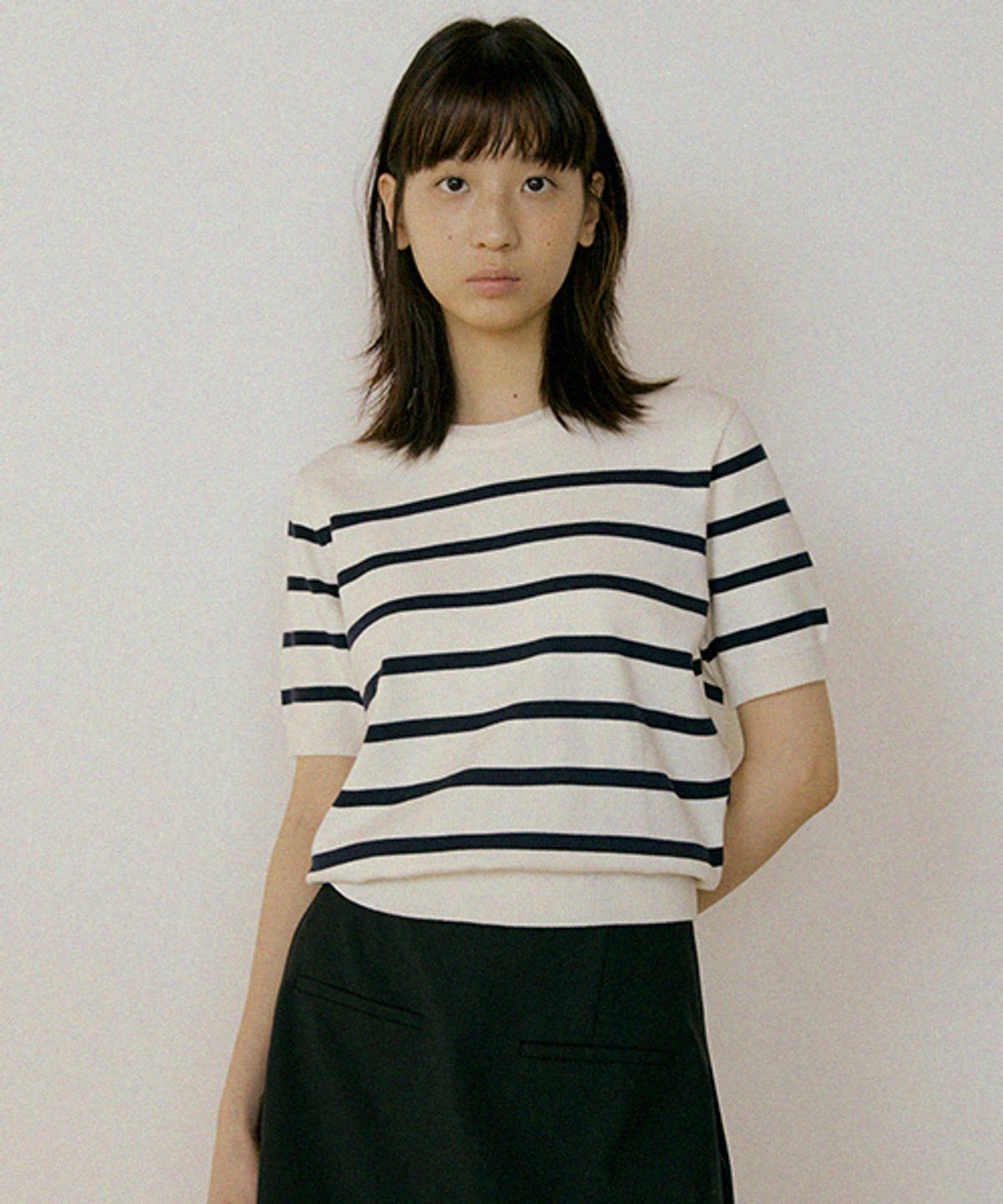 링서울(LINGSEOUL) stripe round knit top-ivory+navy