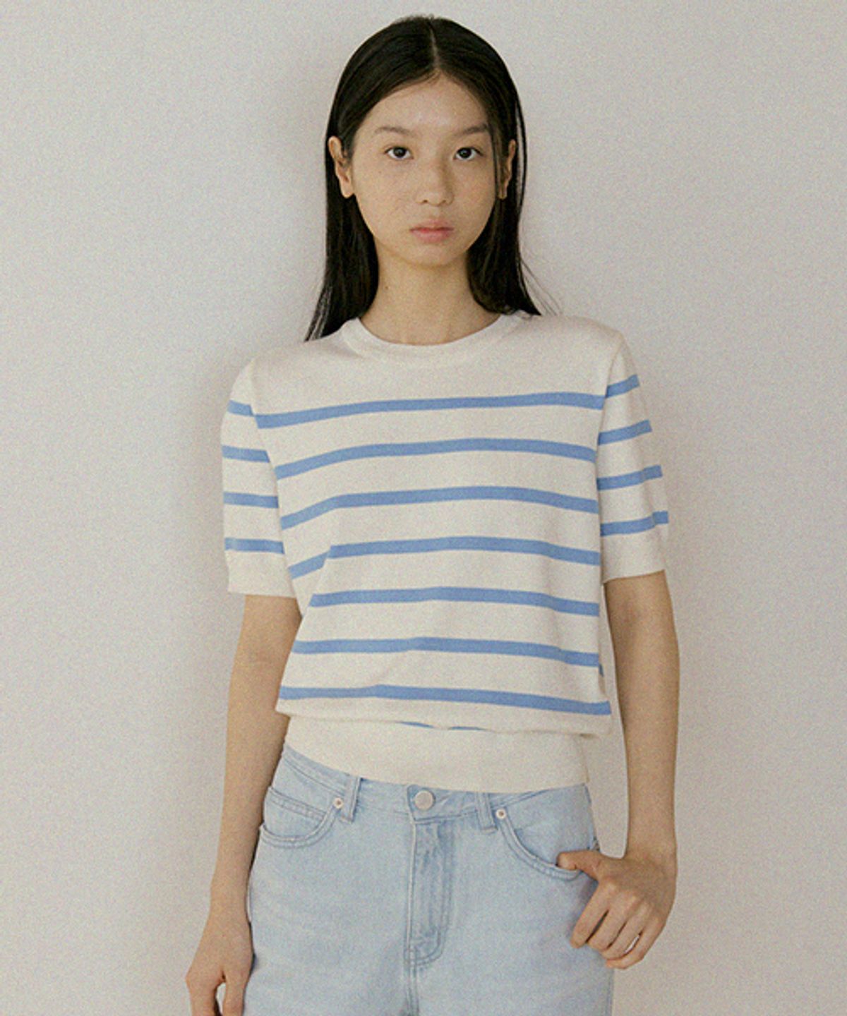 링서울(LINGSEOUL) stripe round knit top-ivory+sky