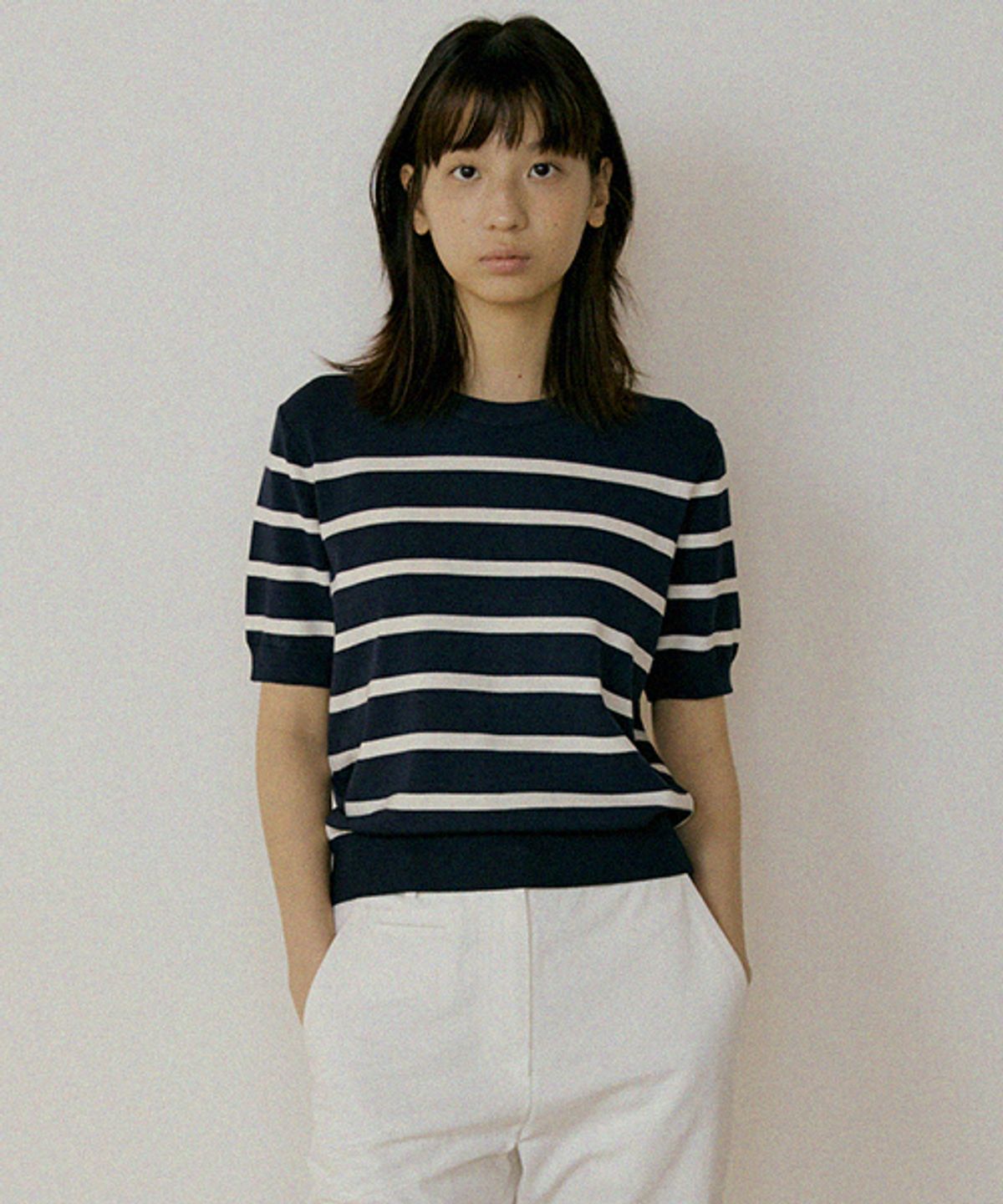 링서울(LINGSEOUL) stripe round knit top-navy+ivory