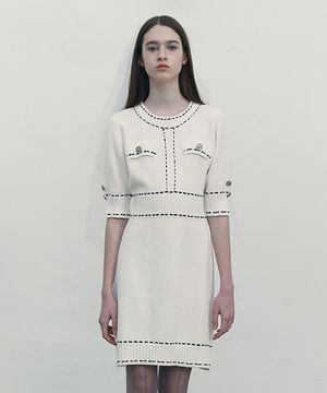 컬러 스티치 포인트 니트 드레스 [아이보리]