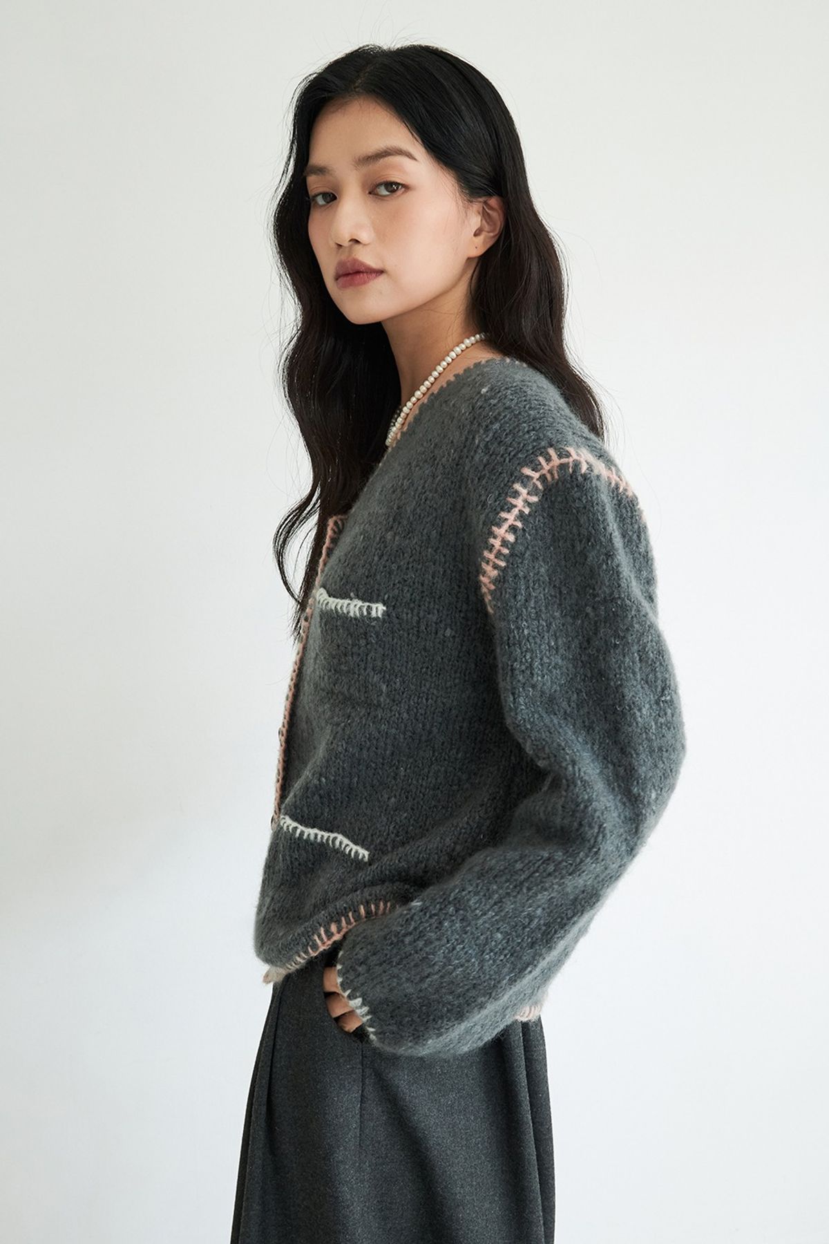 그루(GRU) 팝 스티치 가디건_그레이