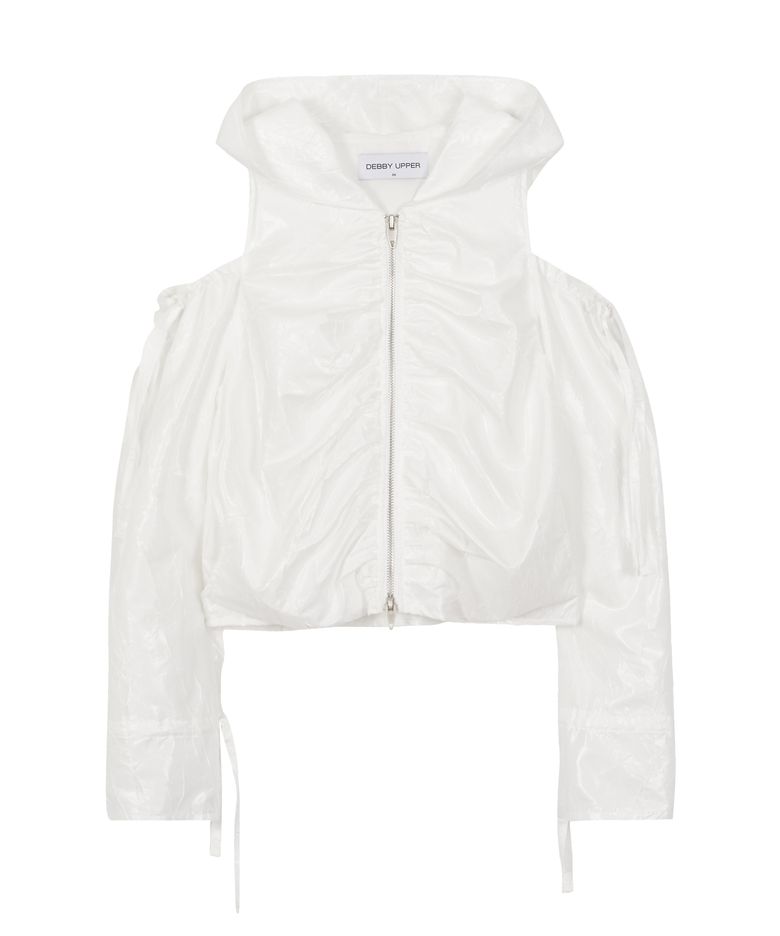 SHIRRING CUT OUT HOOD ZIP-UP_WHITE