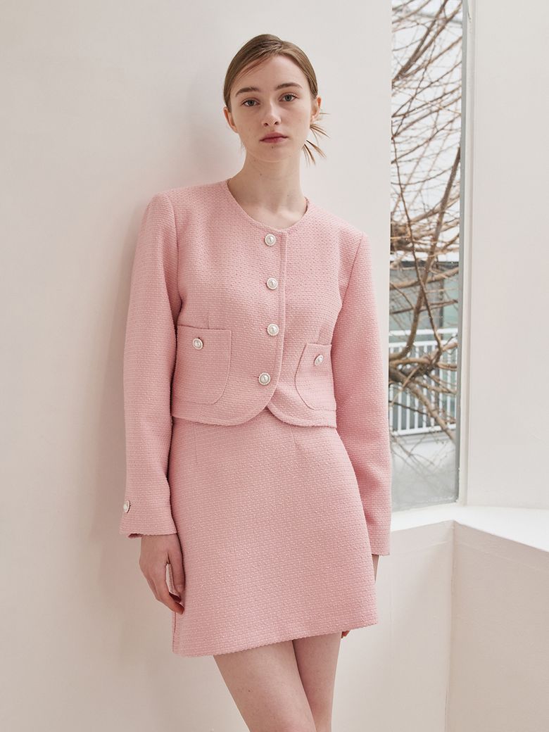 [SET]Tweed Pearl Button Jacket Set Up -Pink
