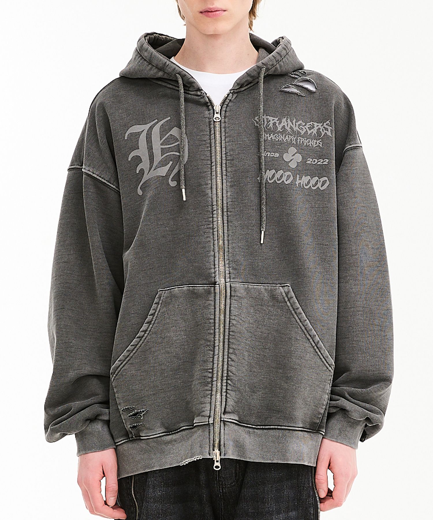 ★HOODHOOD★ Pigment damage hood zip-up charcoal MUSINSA | HOODHOOD Pigment damage hood zip-up charcoal