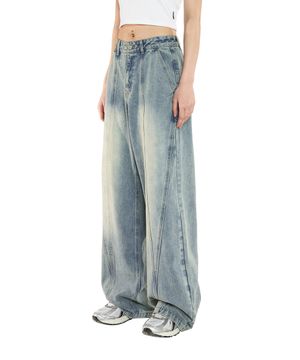 사선 절개 와이드 데님 팬츠 - LIGHT BLUE