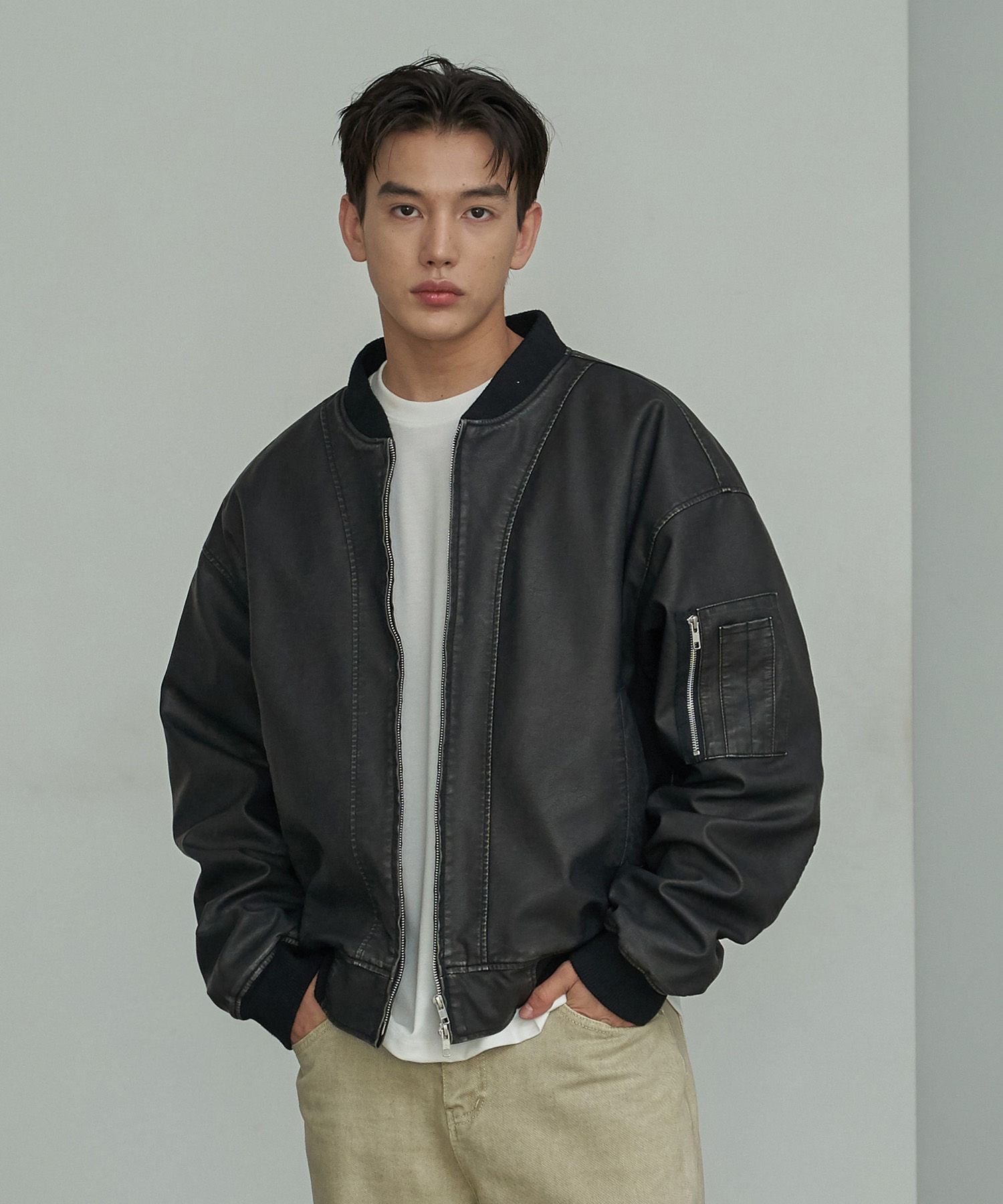 【SPERONE】24SS★ Overfit Washed Crop Leather Bomber Jumper MUSINSA | SPERONE Overfit washed leather bomber jumper