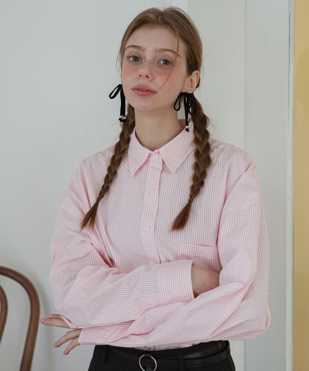 로시로우(LOSSYROW) Ticking Oversized Stripe Shirt Peach