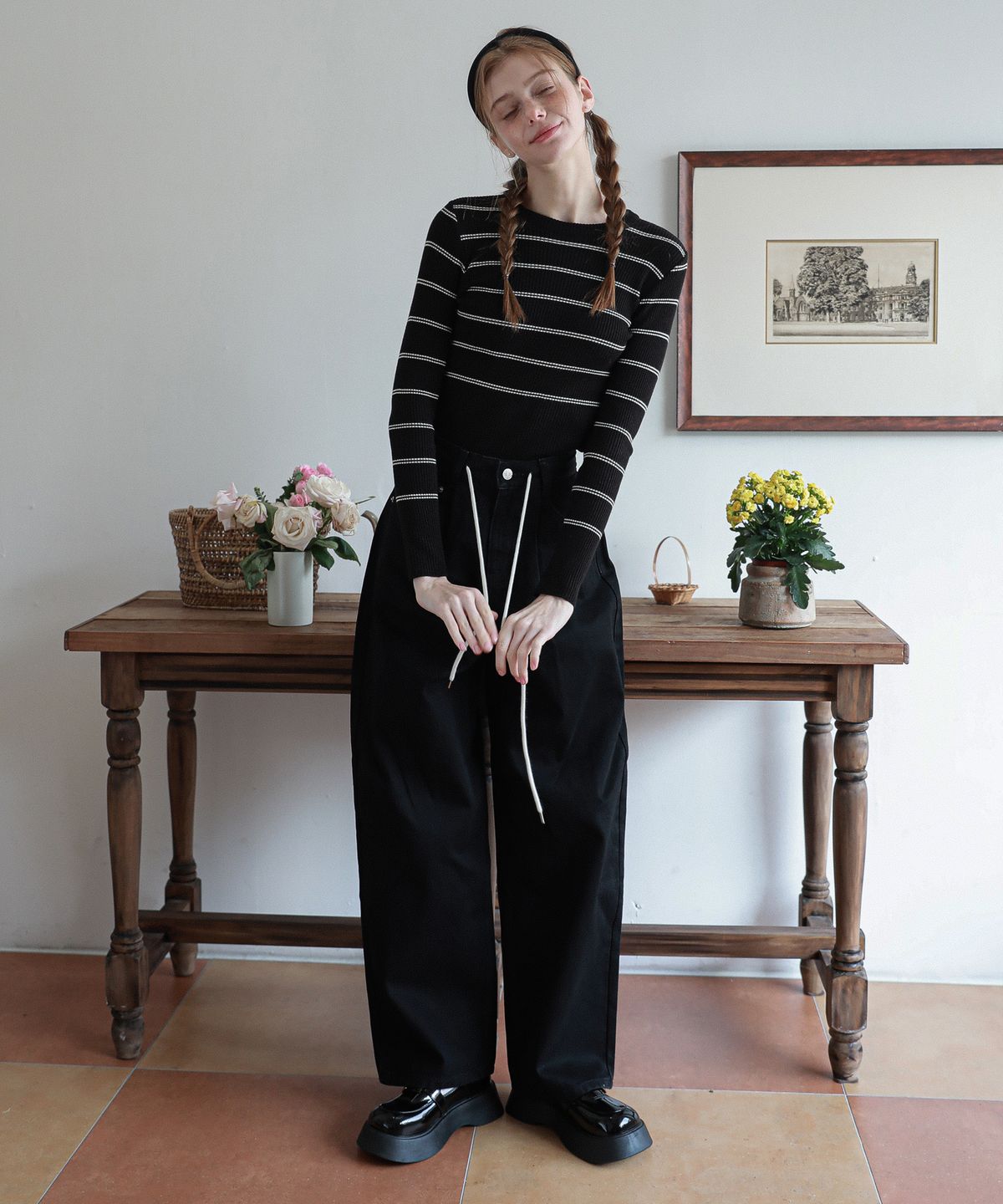 로시로우(LOSSYROW) Wide string denim pants Black