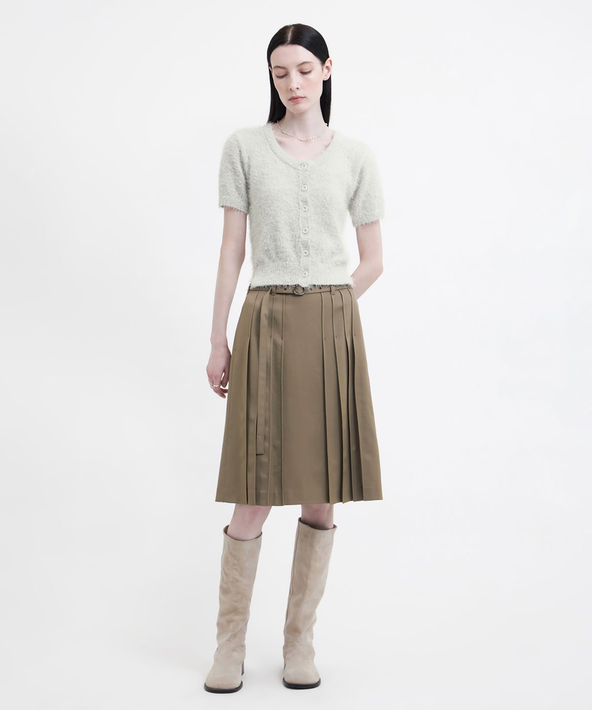 유스(YOUTH) Scoop-Neck H/S Knit Cardigan - Light Grey