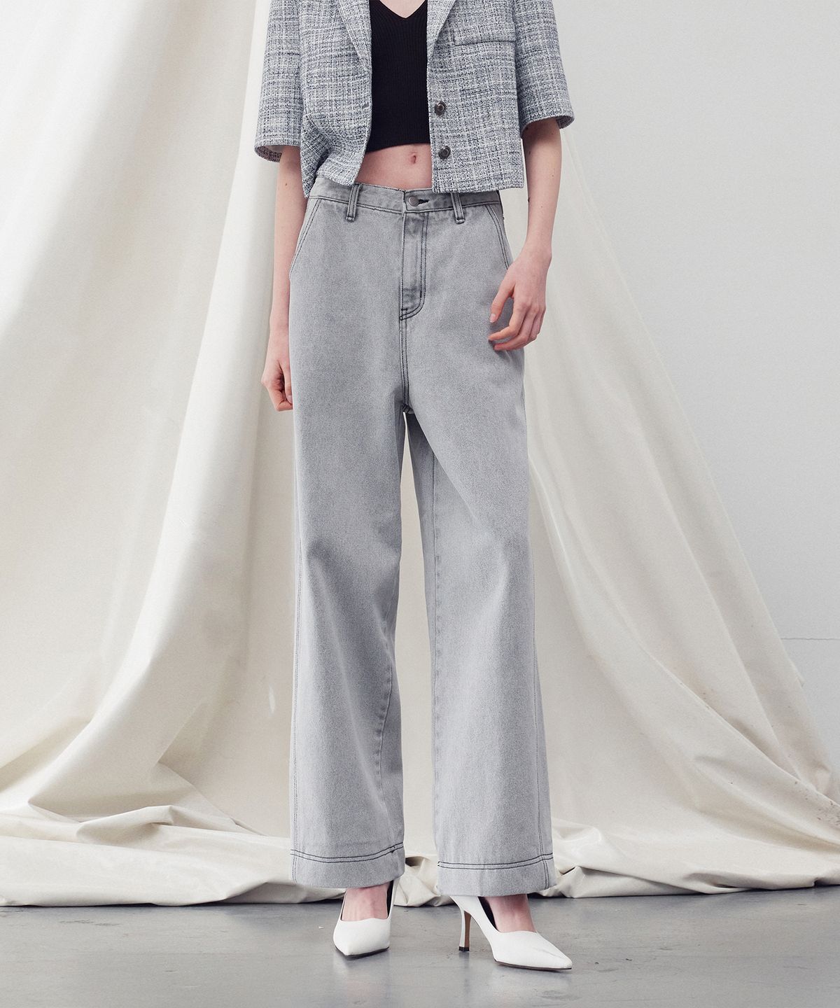 리이(RE RHEE) WASHED DENIM STRAIGHT LEG PANTS