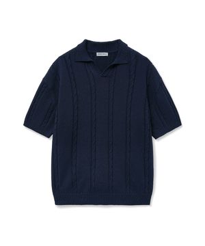 코튼 캐시미어 케이블 카라 니트 [네이비]