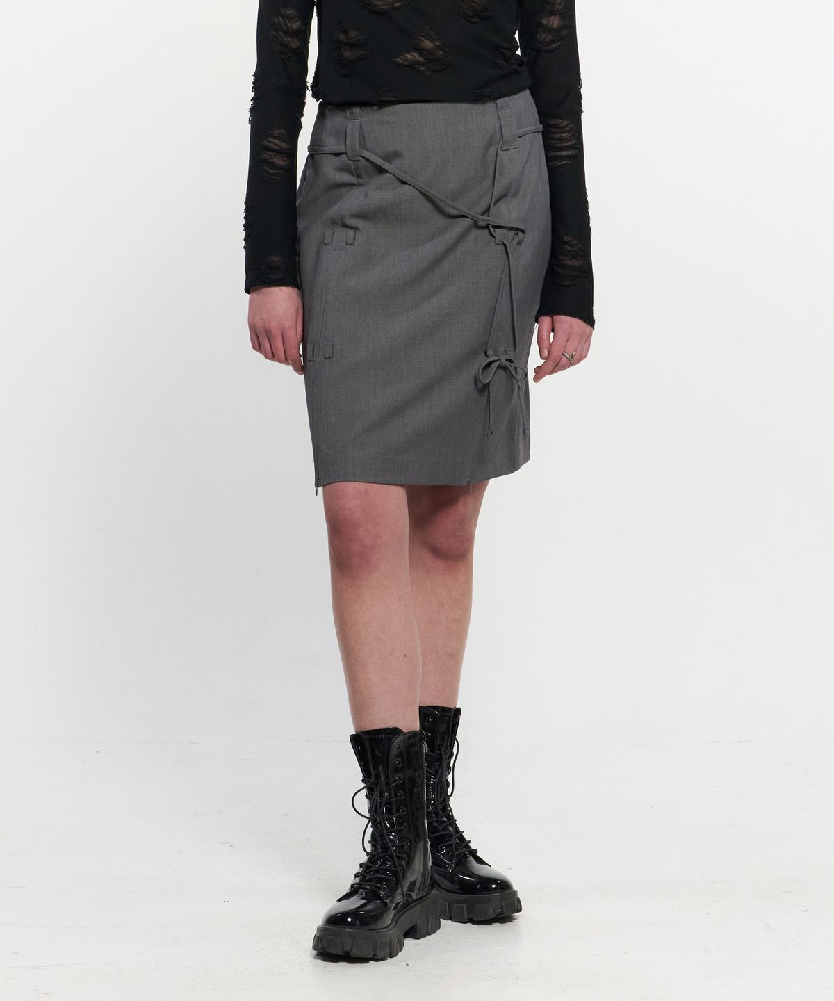 킴지수(KIMZISU) Ribbon Tied Slit Skirt _ GREY