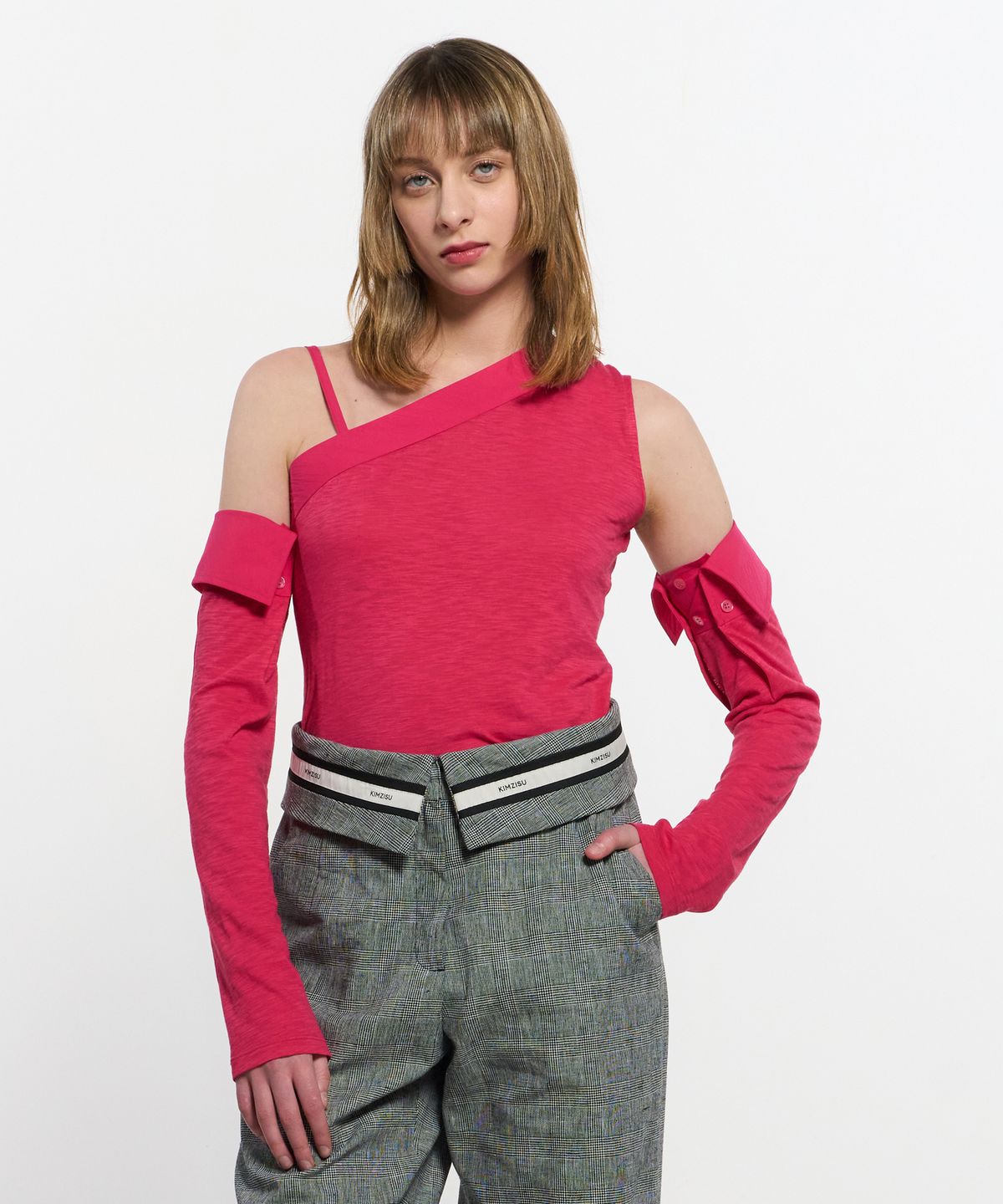 킴지수(KIMZISU) Detachable Sleeve One Shoulder Top _ PINK