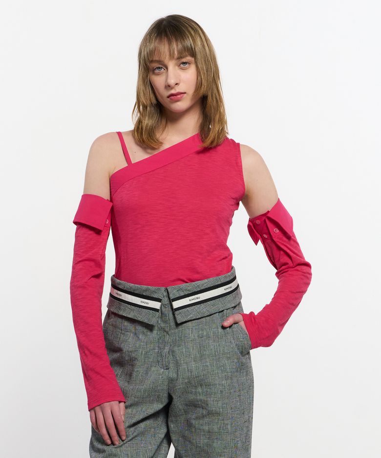 Detachable Sleeve One Shoulder Top _ PINK
