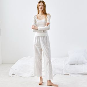 화이트 플라워 자수 여성 잠옷 긴바지