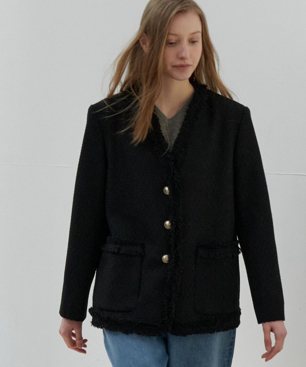 쏘이르(SO IR) FRINGE V NECK TWEED JACKET - BLACK