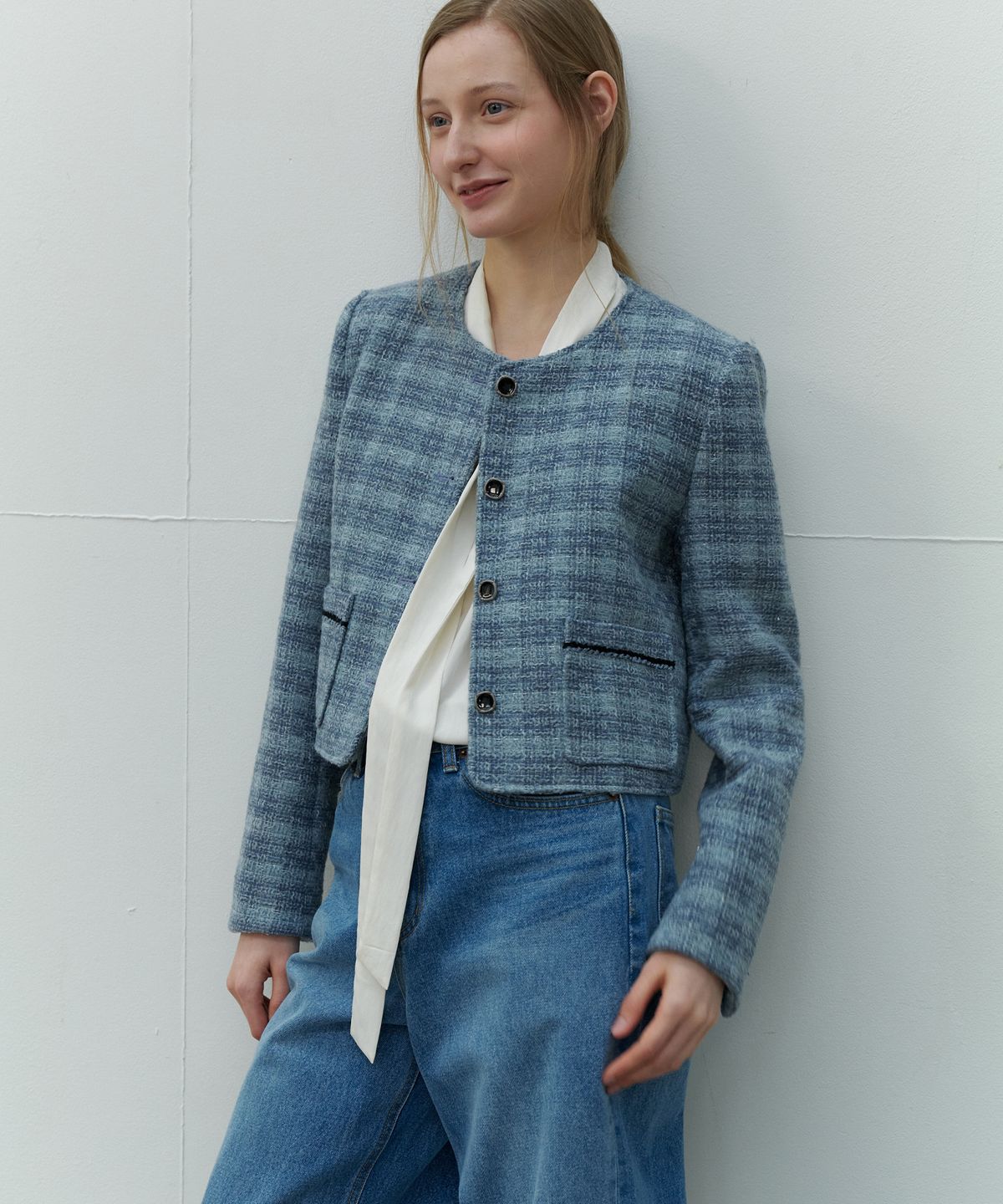 쏘이르(SO IR) TWEED CROP JACKET - SKYBLUE