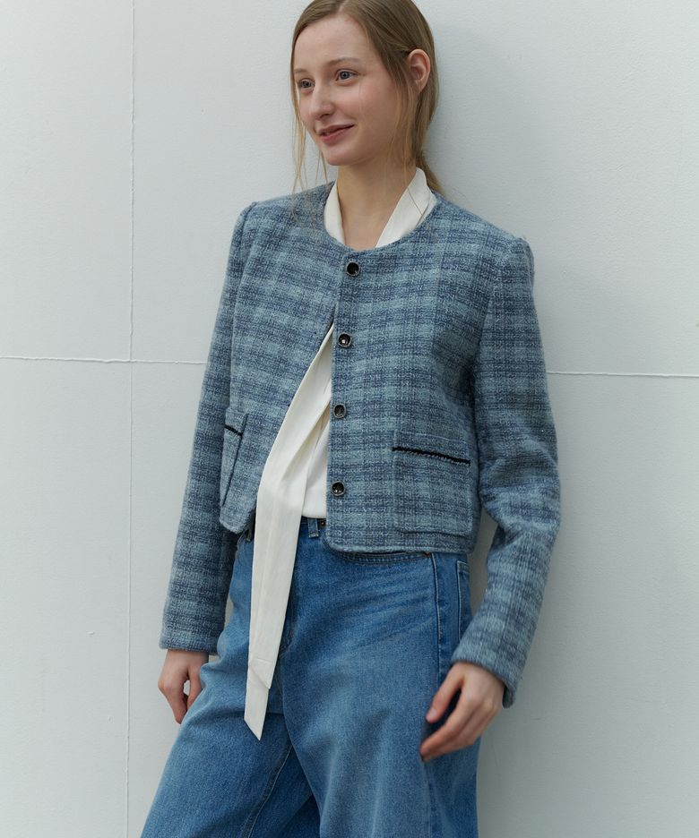 TWEED CROP JACKET - SKYBLUE