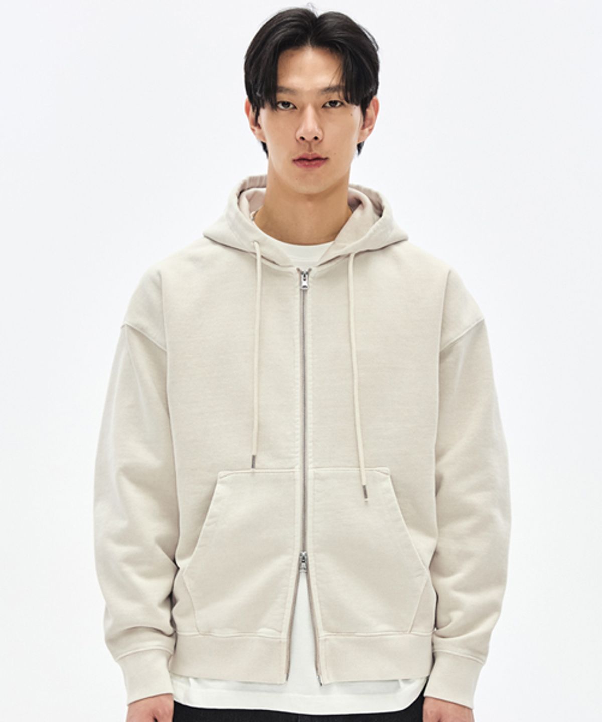 소버먼트(SOVERMENT) 980G 피그먼트 컷 후디 집업-샌드 베이지-