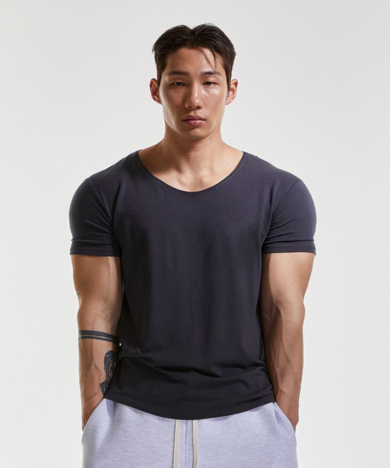 텐셀모달 와이드 U넥 머슬핏 반팔티 (먹색)