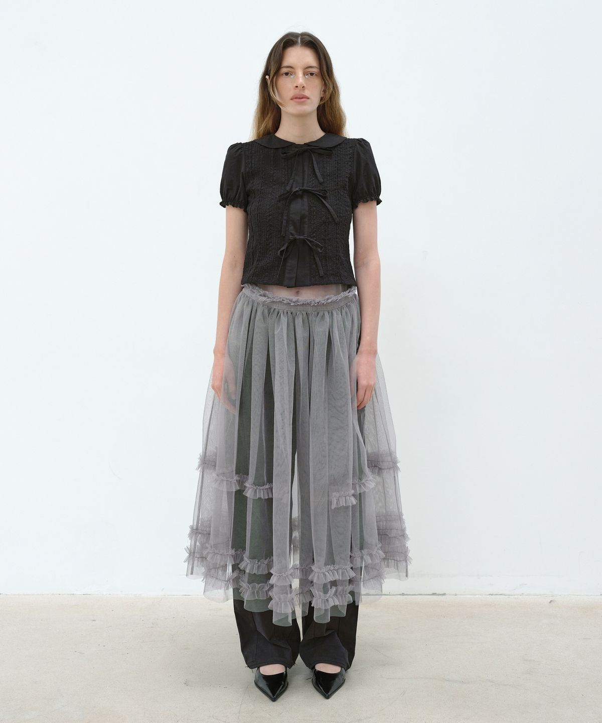 아옵트(AOPT) SHEER FRILL LAYERED DRESS - GRAY