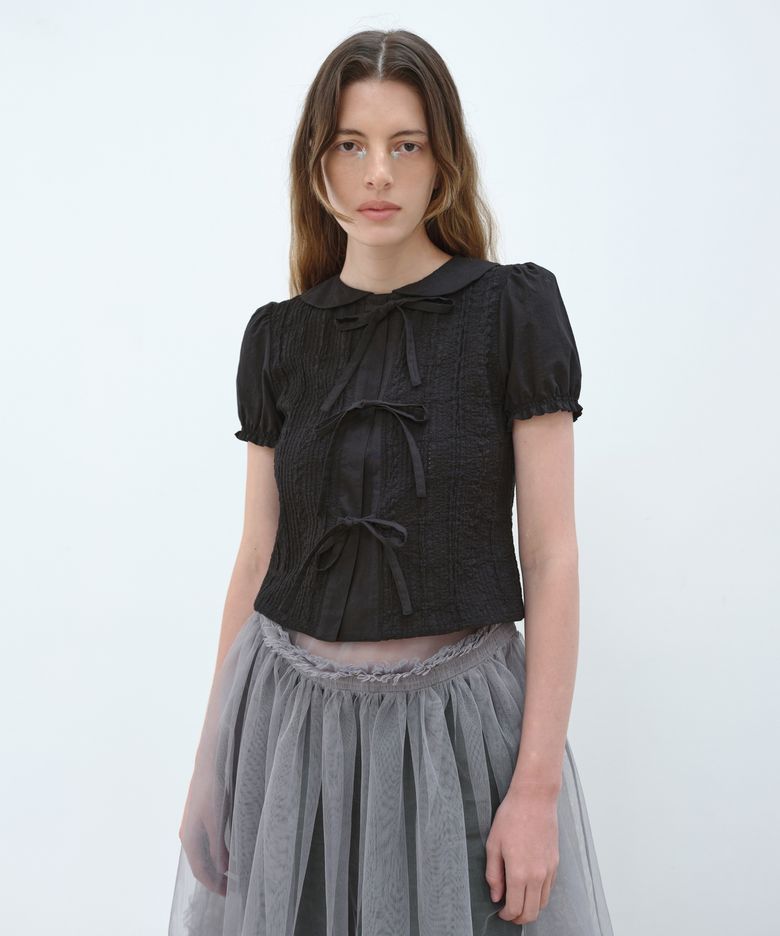 COTTON EMBROIDERY PUFF BLOUSE - BLACK