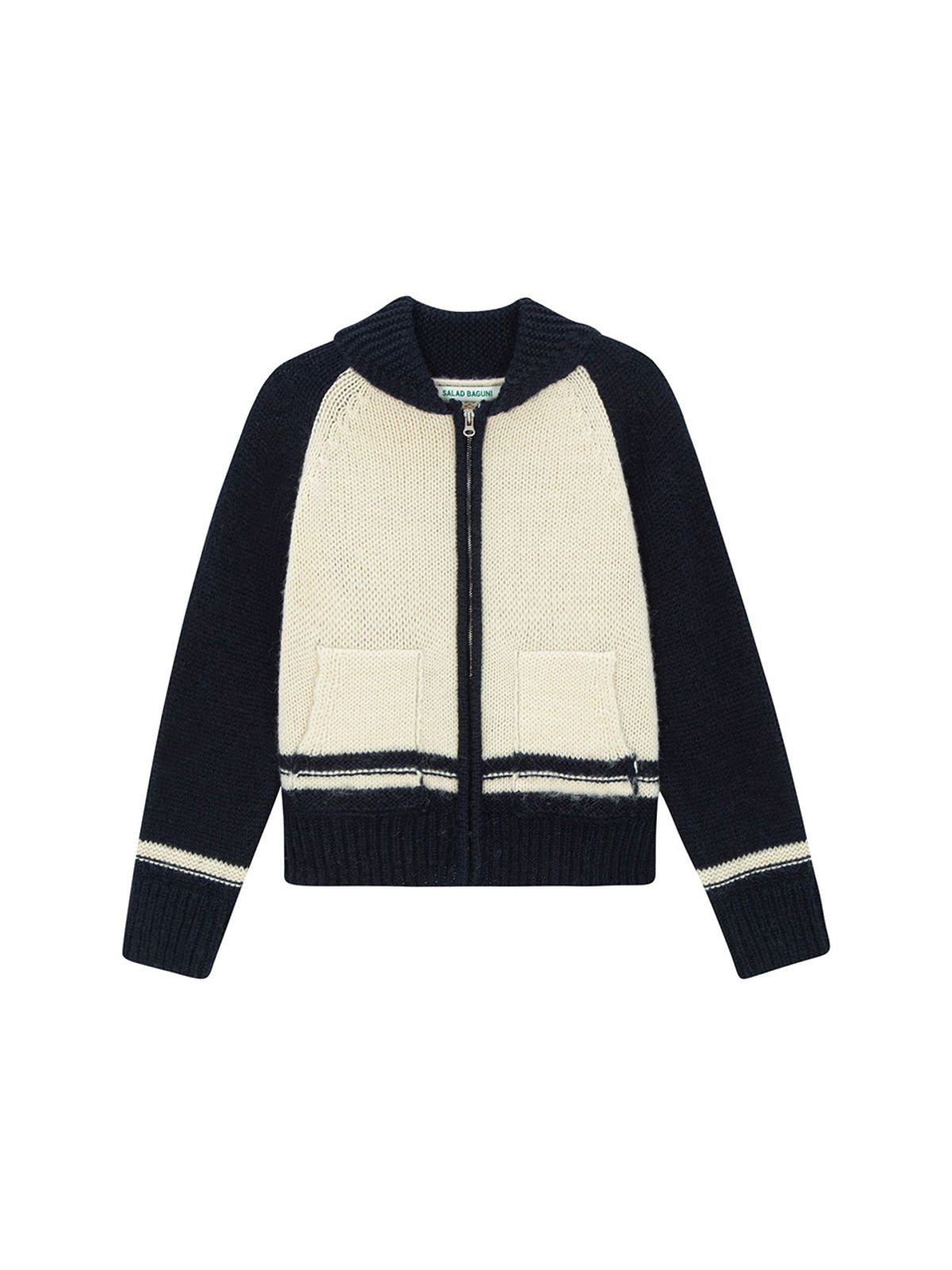 샐러드바구니(SALAD BAGUNI) Flower Barsity Zipup Wool Jacket - navy cream