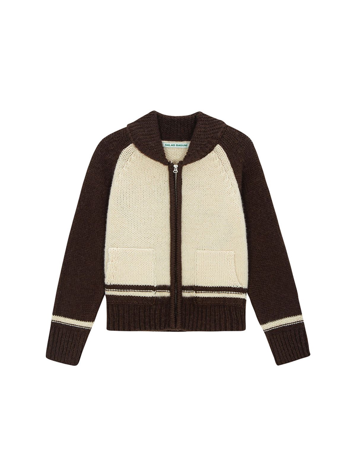 샐러드바구니(SALAD BAGUNI) Flower Barsity Zipup Wool Jacket - brown cream