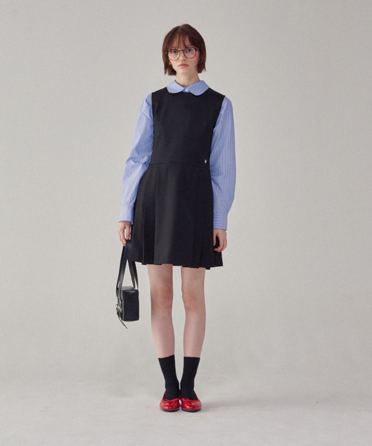 론론(RONRON) LOGO PLEATS LAYERED DRESS BLACK