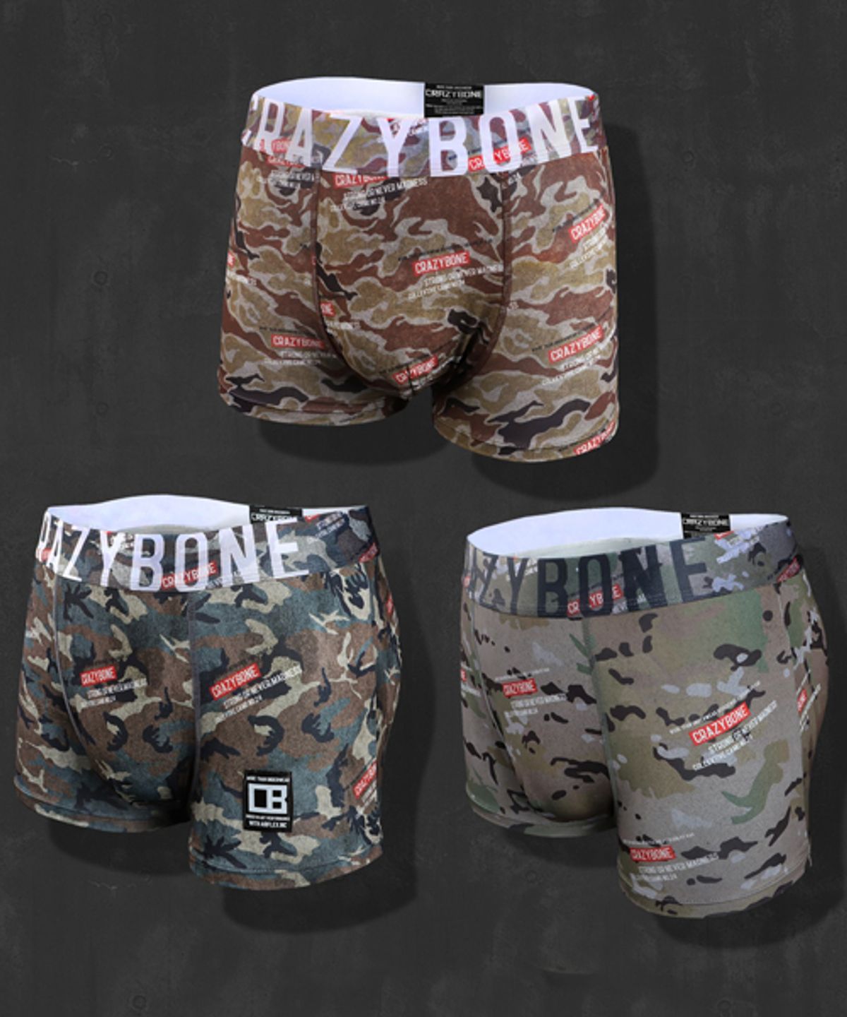크레이지본(CRAZYBONE) 카모 패턴 박서브리프 3PACK