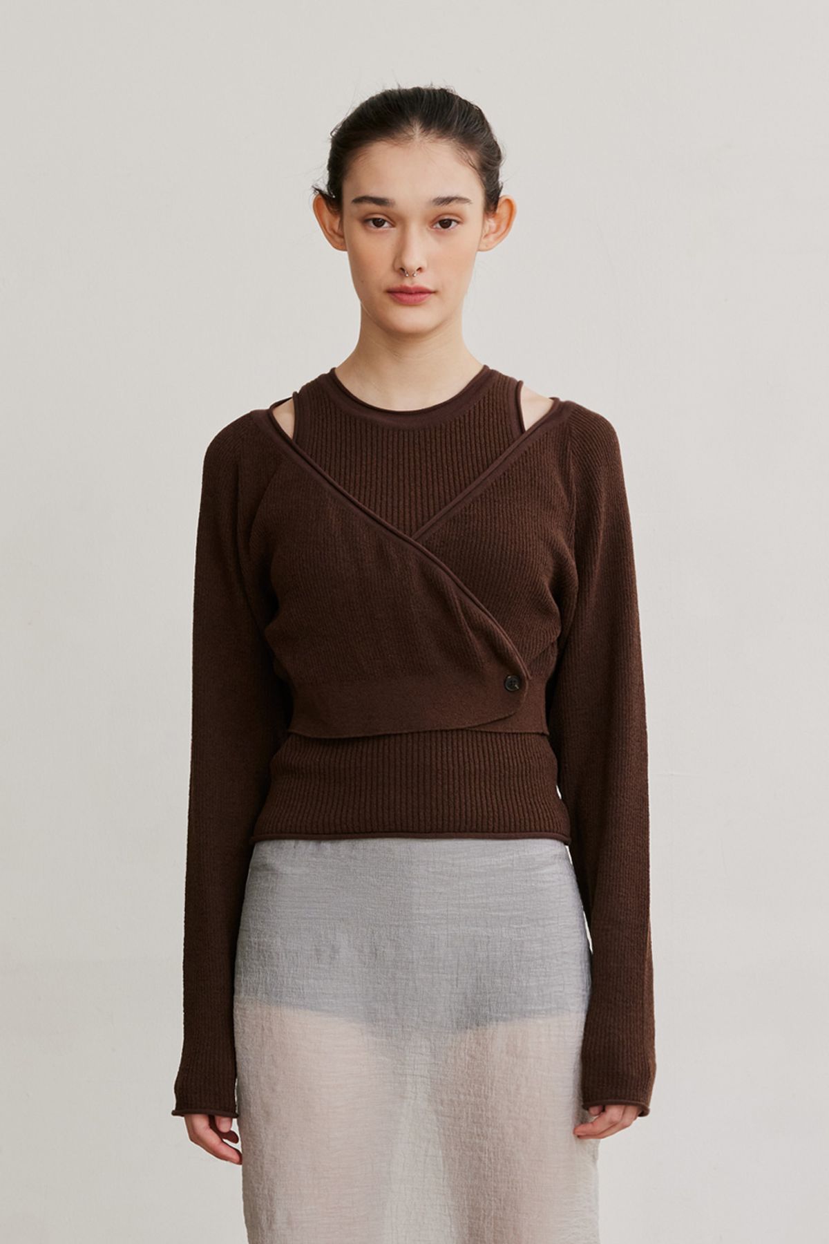 애프터아워즈(AFTERHOURS) KNIT CARDIGAN SLEEVELESS TOP SET (BROWN)
