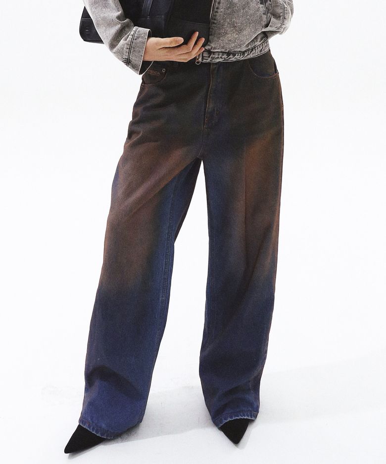 OIL WASHING WIDE DENIM PANTS LIGHT  BLUE