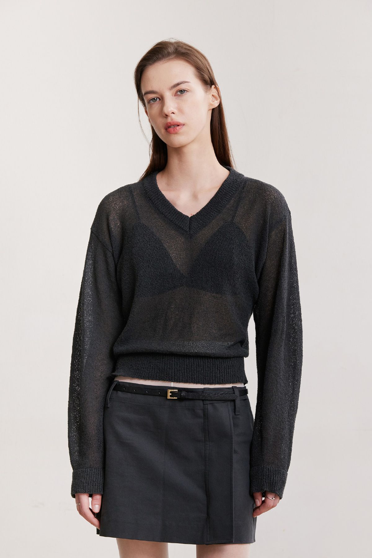 애프터아워즈(AFTERHOURS) SEE-THROUGH V-NECK KNIT TOP (CHARCOAL)