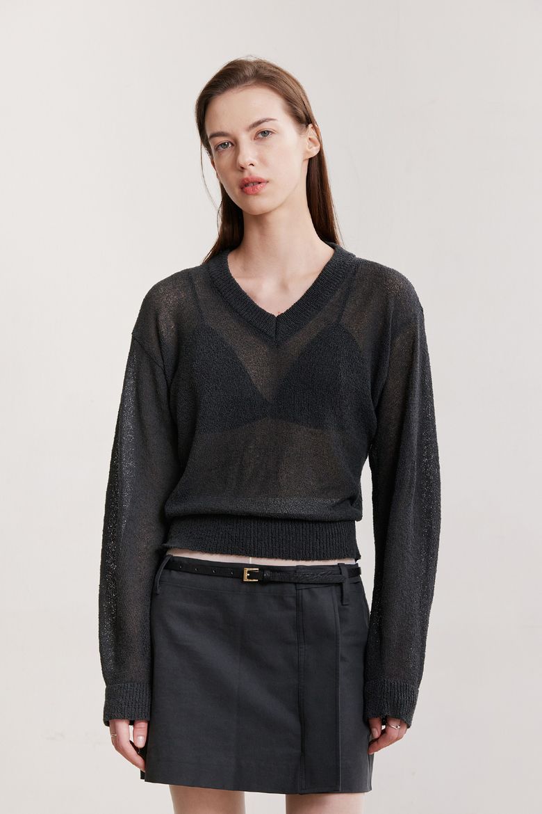 SEE-THROUGH V-NECK KNIT TOP (CHARCOAL)