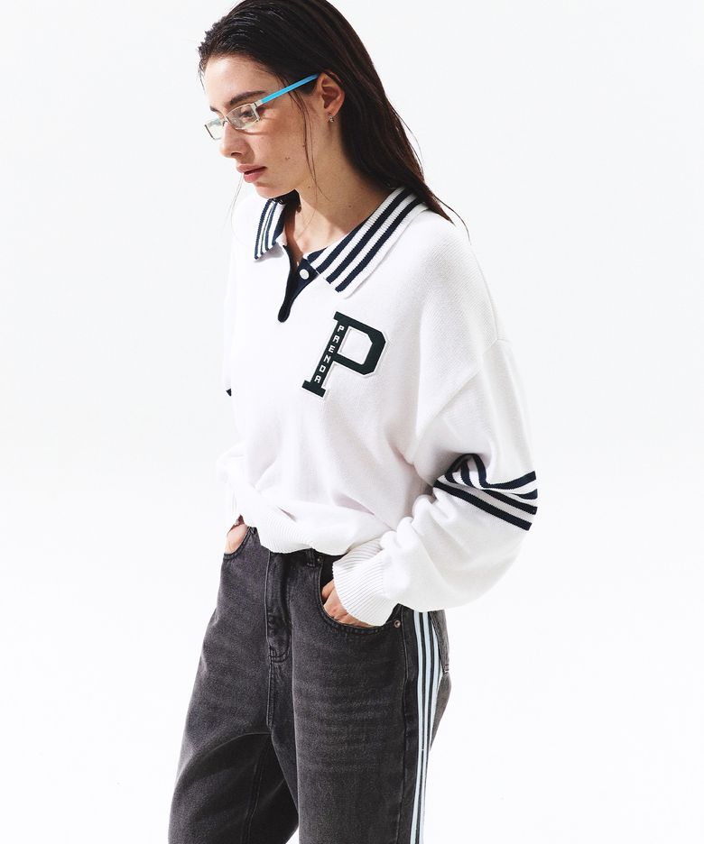 P LOGO PATCH STRIPE LONG SLEEVE KNIT WHITE