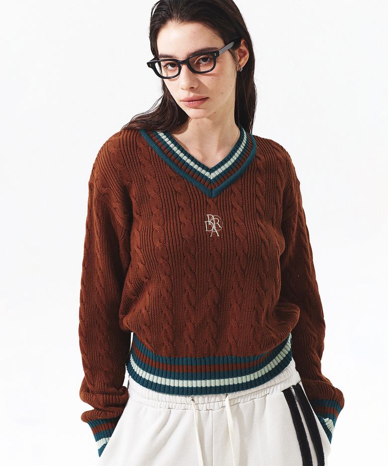CABLE V NECK LONG SLEEVE KNIT BROWN