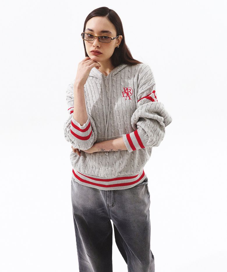 STRIPE COLOR KNIT HOODIE OATMEAL