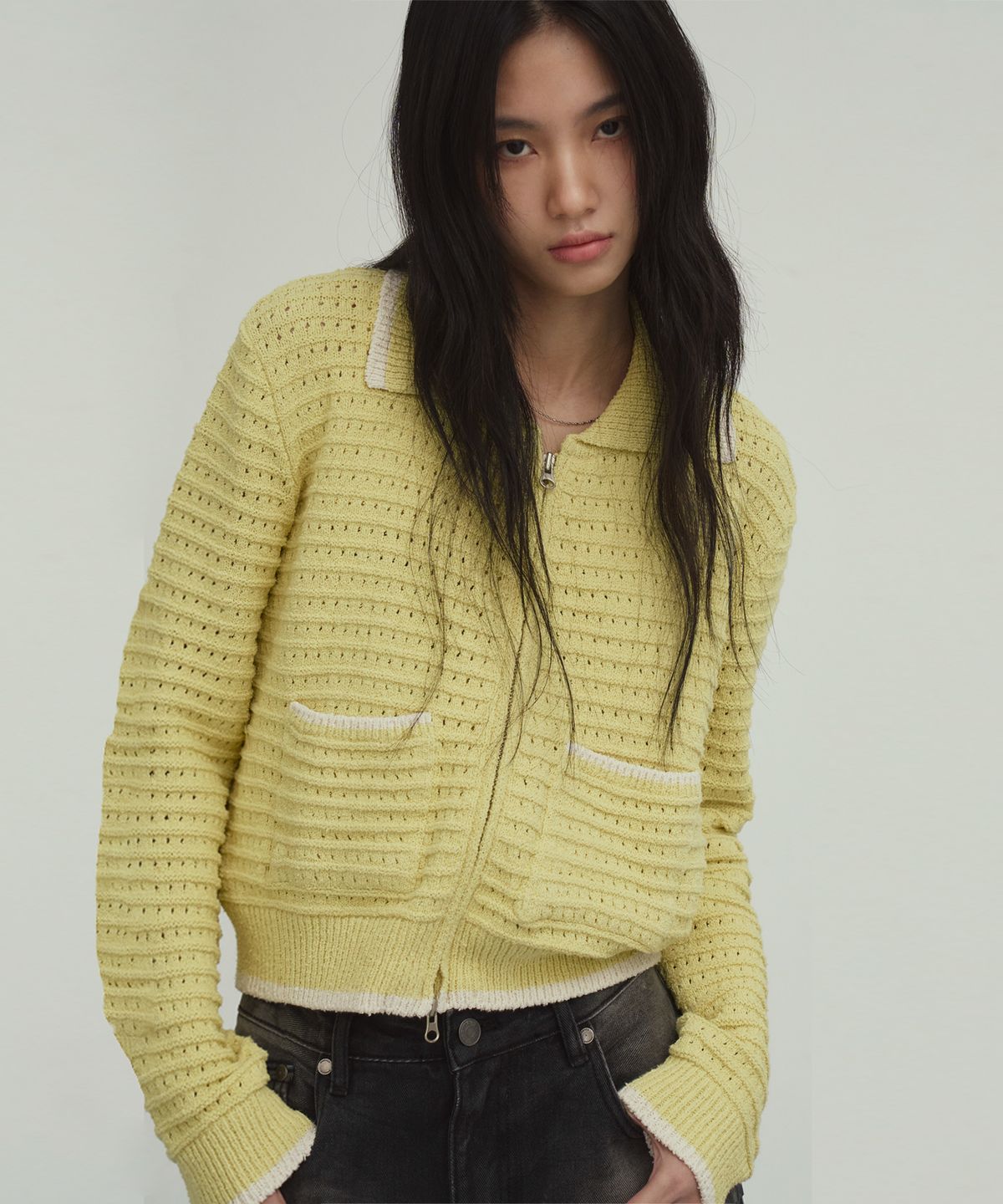 프렌다(PRENDA) COLLAR KNIT ZIP-UP CARDIGAN SUMMER GREEN
