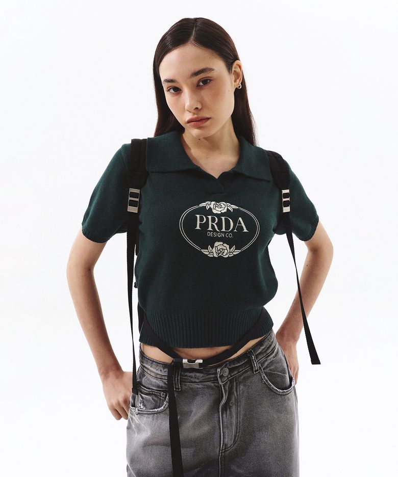 COLLAR SHORT SLEEVE KNIT DARK GREEN