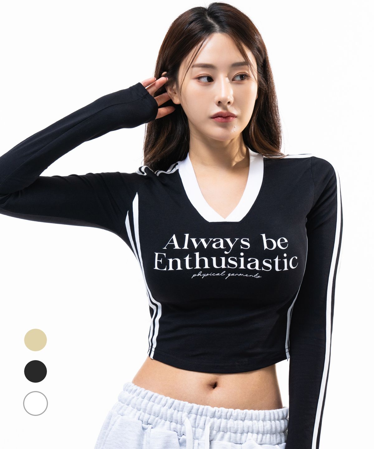 피지컬가먼츠(PHYSICAL GARMENTS) P5022 우먼 라인 브이넥 크롭긴팔 [3 COLOR]