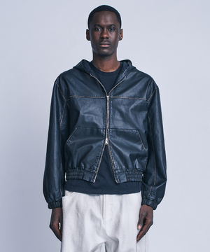 Washed Faux Leather Hood Zip-Up_Washed Black