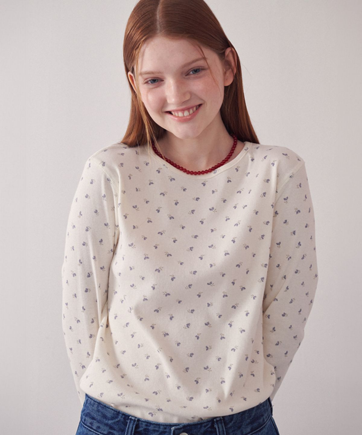 론론(RONRON) FLORAL LONG SLEEVE CREAM PURPLE FLOWER