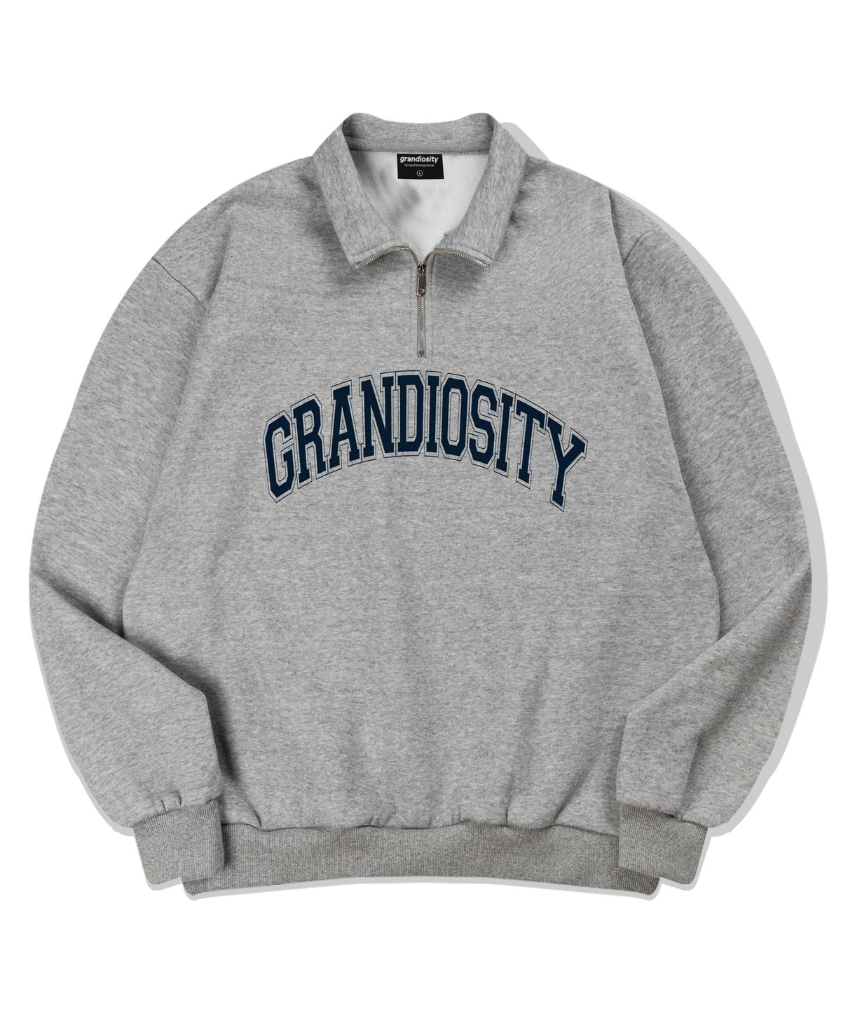 그랜디오시티(GRANDIOSITY) 아치 로고 오버핏 반집업 맨투맨 (그레이)