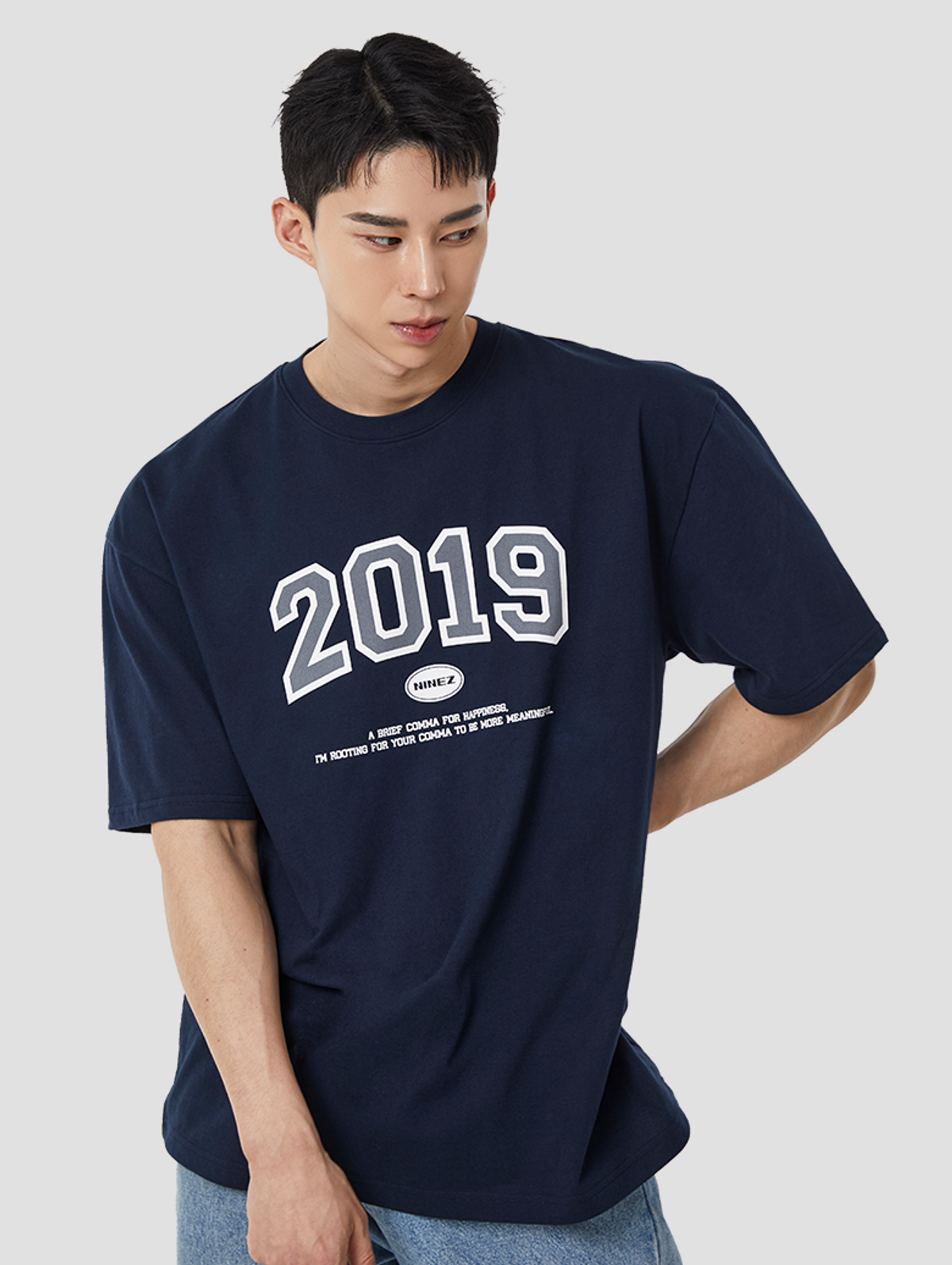 나인제트(NINEZ) 2019 오버핏 반팔 셔츠 (네이비) 24TS06