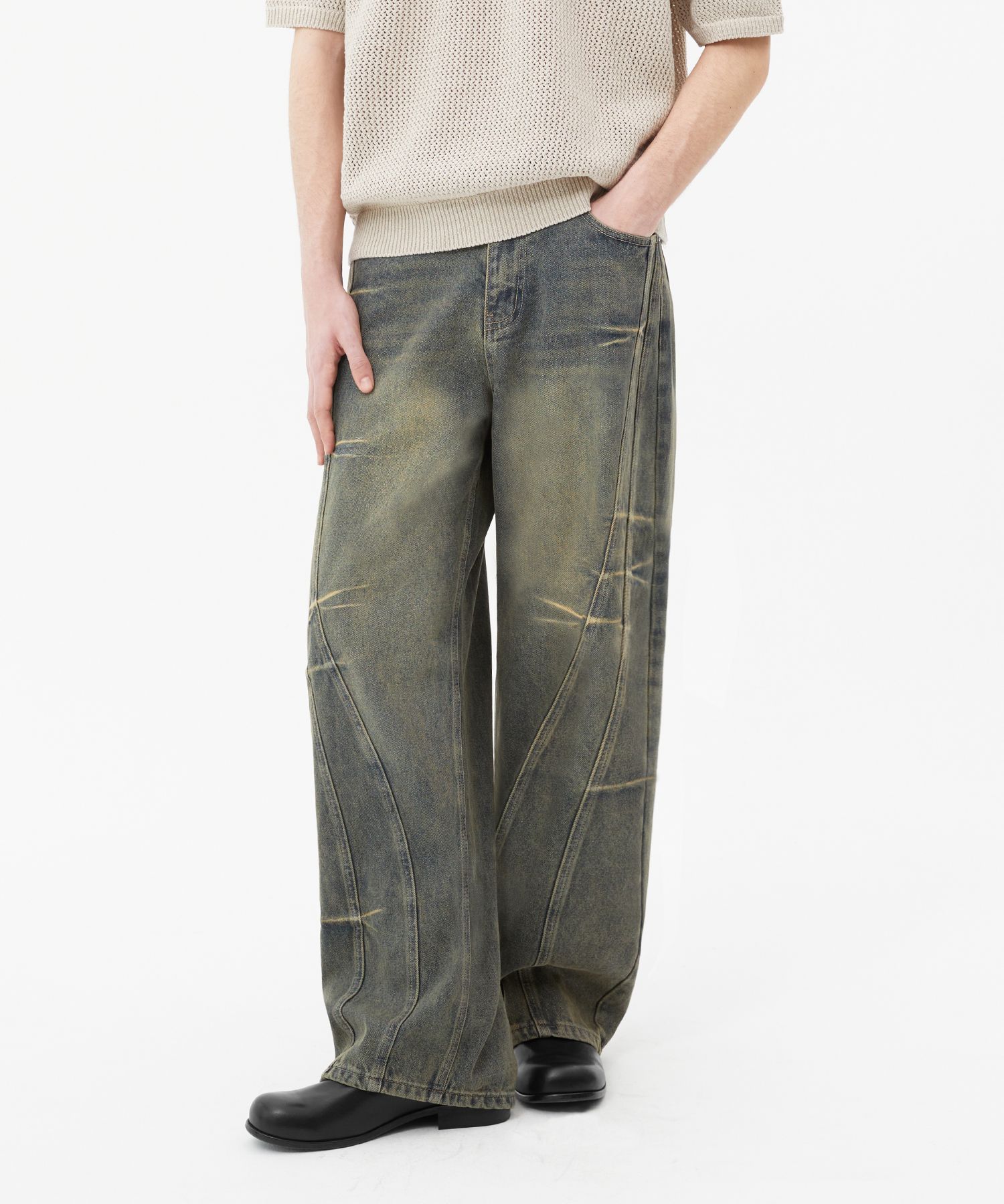 ★TRILLION★ Domingo pinch cut wide denim pants DEEP BLUE TR MUSINSA | TRILLION Domingo pinch cut wide denim pants (SAND