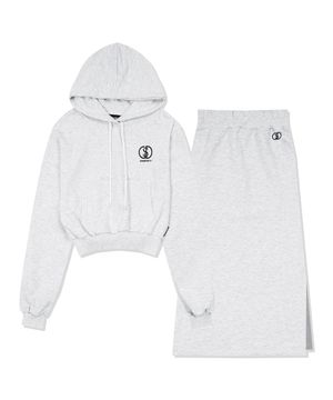 [SET] GDS 로고 크롭 후드 스커트 셋업 (백멜란지)